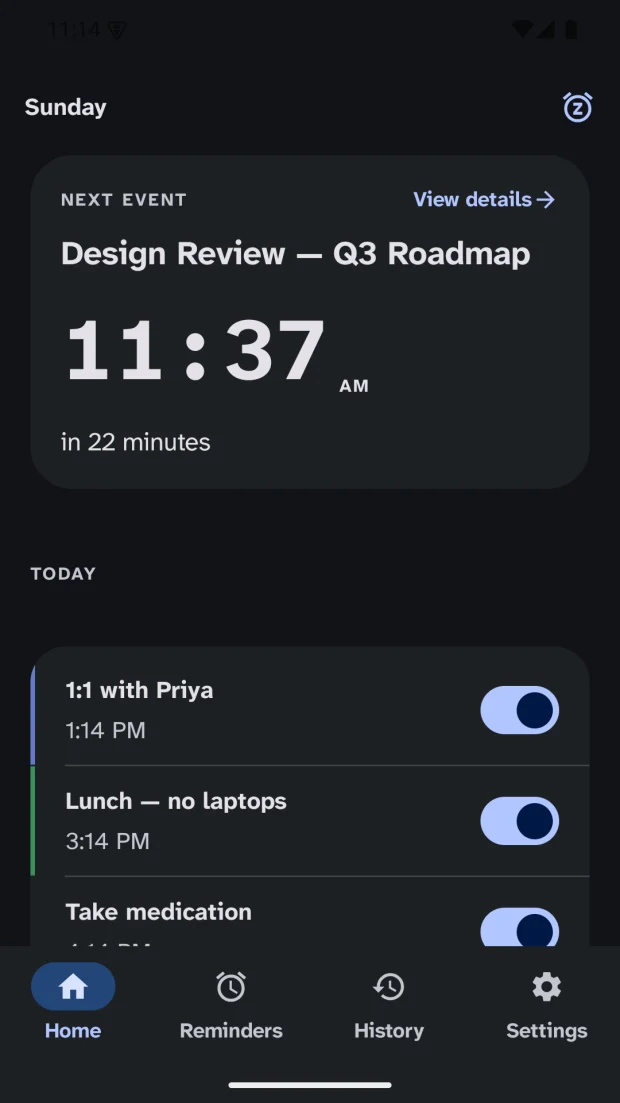 Always On Time: Home screen showing the next event and today's alarms